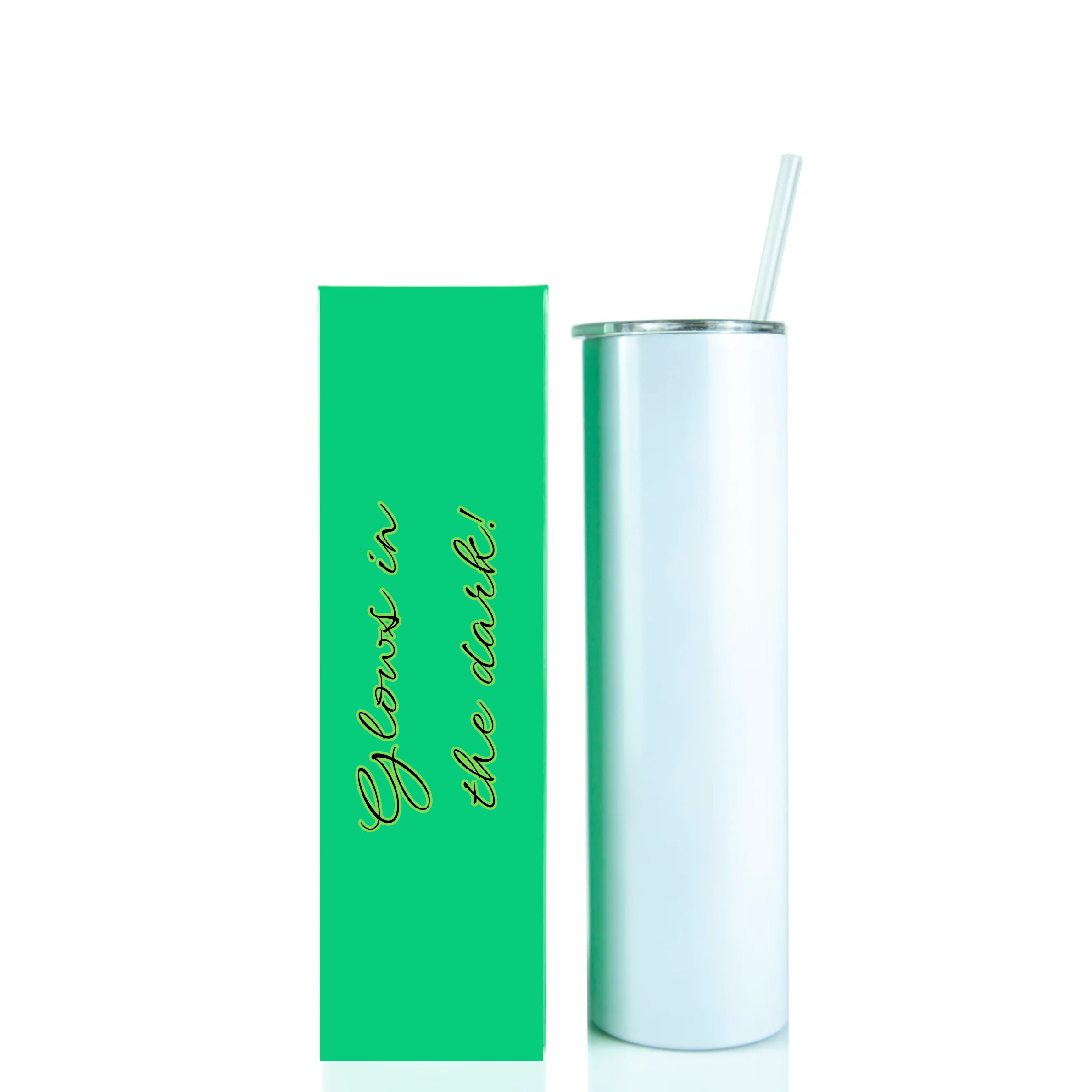 Sublimatable glow in the dark stainless steel, double-walled, tumber with sliding top lid and straw with 35 oz capacity. 