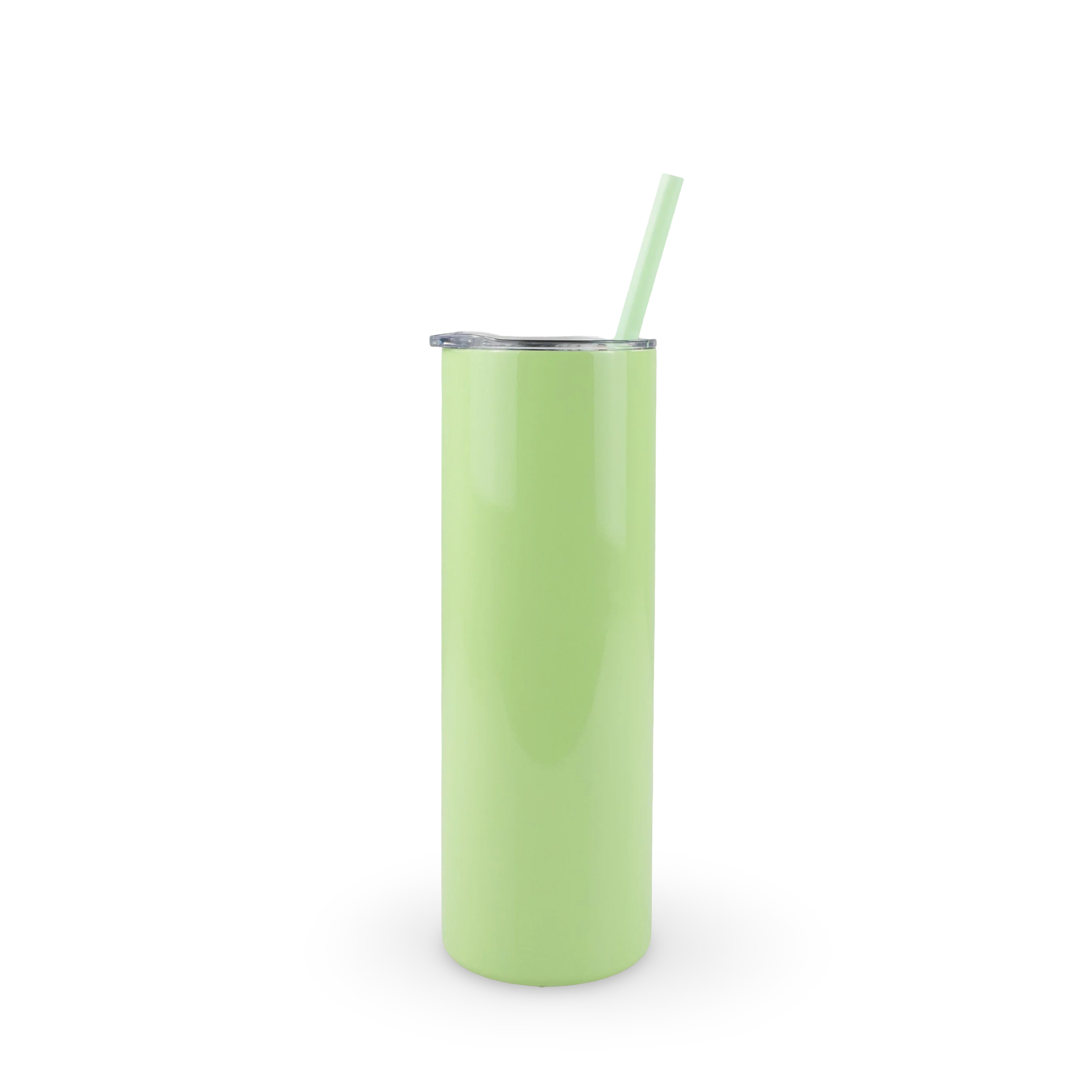 Sublimatable lime green stainless steel, double-walled, tumber with sliding top lid and straw with 20 oz capacity. 