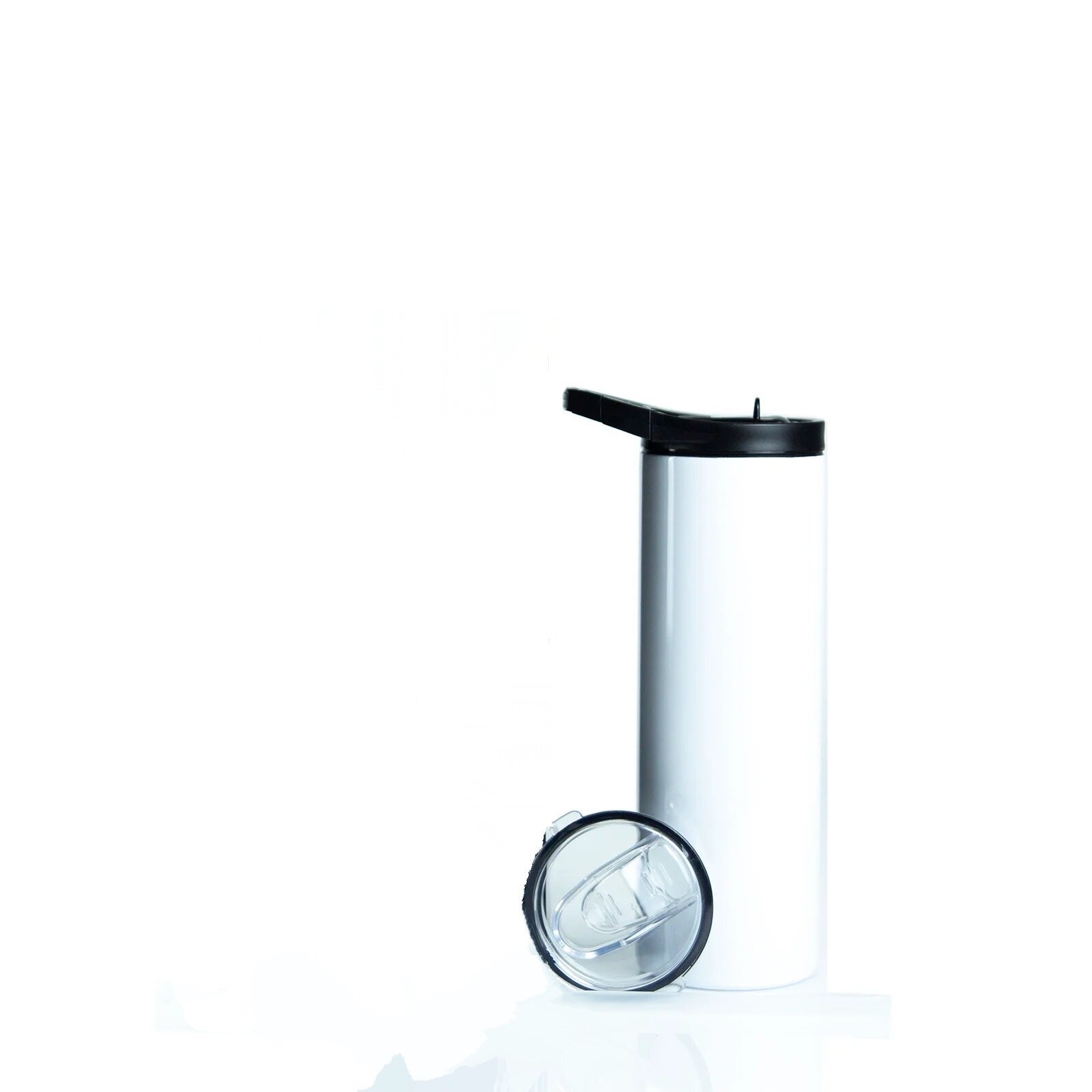 Sublimatable white stainless steel, double-walled, tumber with clear screw on lid, blac screw on flip-top hydrosport carabiner clip lid, and straw with 20 oz capacity. 