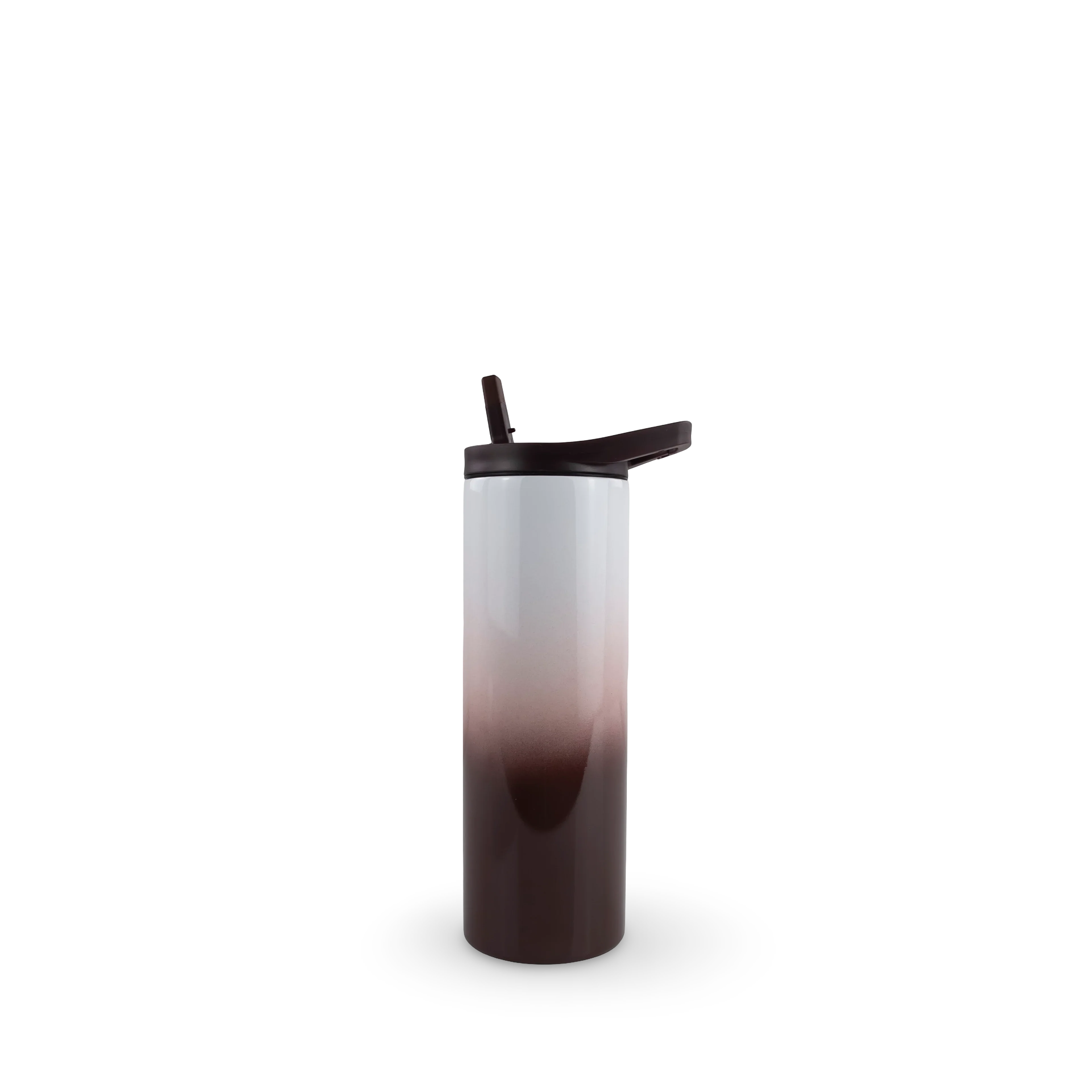 Sublimatable white to ombre mulled wine stainless steel, double-walled, tumber with clear screw on lid, blac screw on flip-top hydrosport carabiner clip lid, and straw with 20 oz capacity.