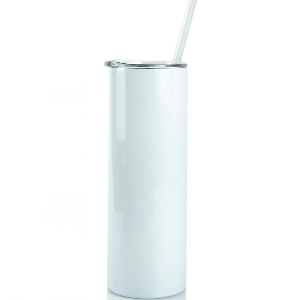 Sublimatable white stainless steel, double-walled, tumber with sliding top lid and straw with 20 oz capacity. 